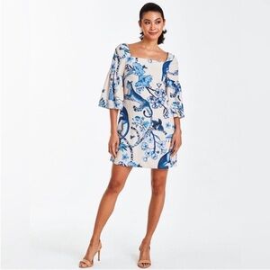 Mestiza Vivienne Blue Chinoiserie Jungle Bell Sleeve Shift Dress Monkeys Leopard